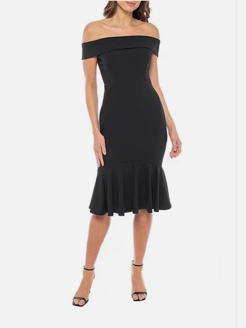NWT MARINA Black Off Shoulder Midi Dress Scuba Mermaid  8 Cocktail Formal Nice!